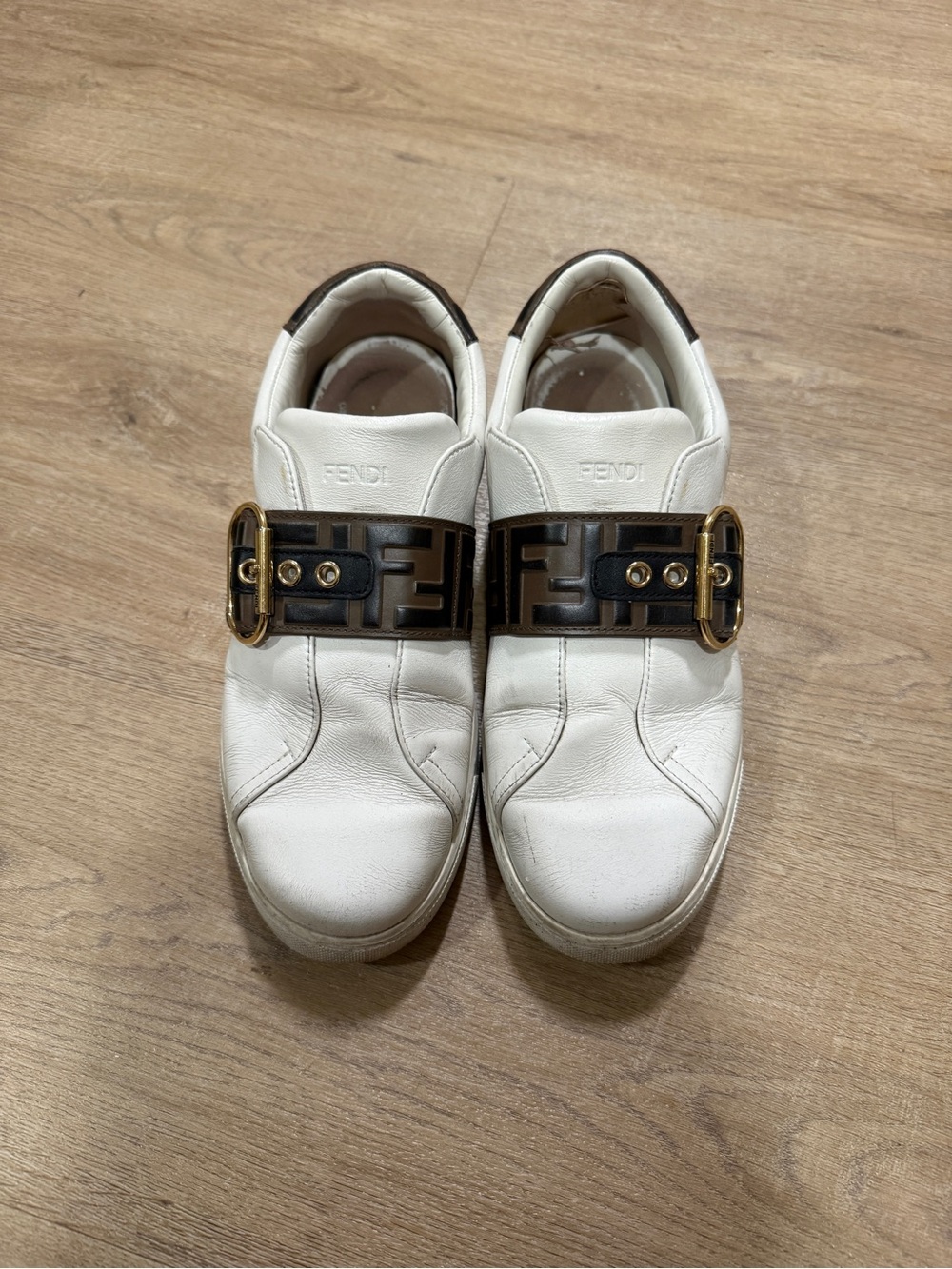 Fendi White Leather Sneakers with Brown FF Strap and Gold Buckle